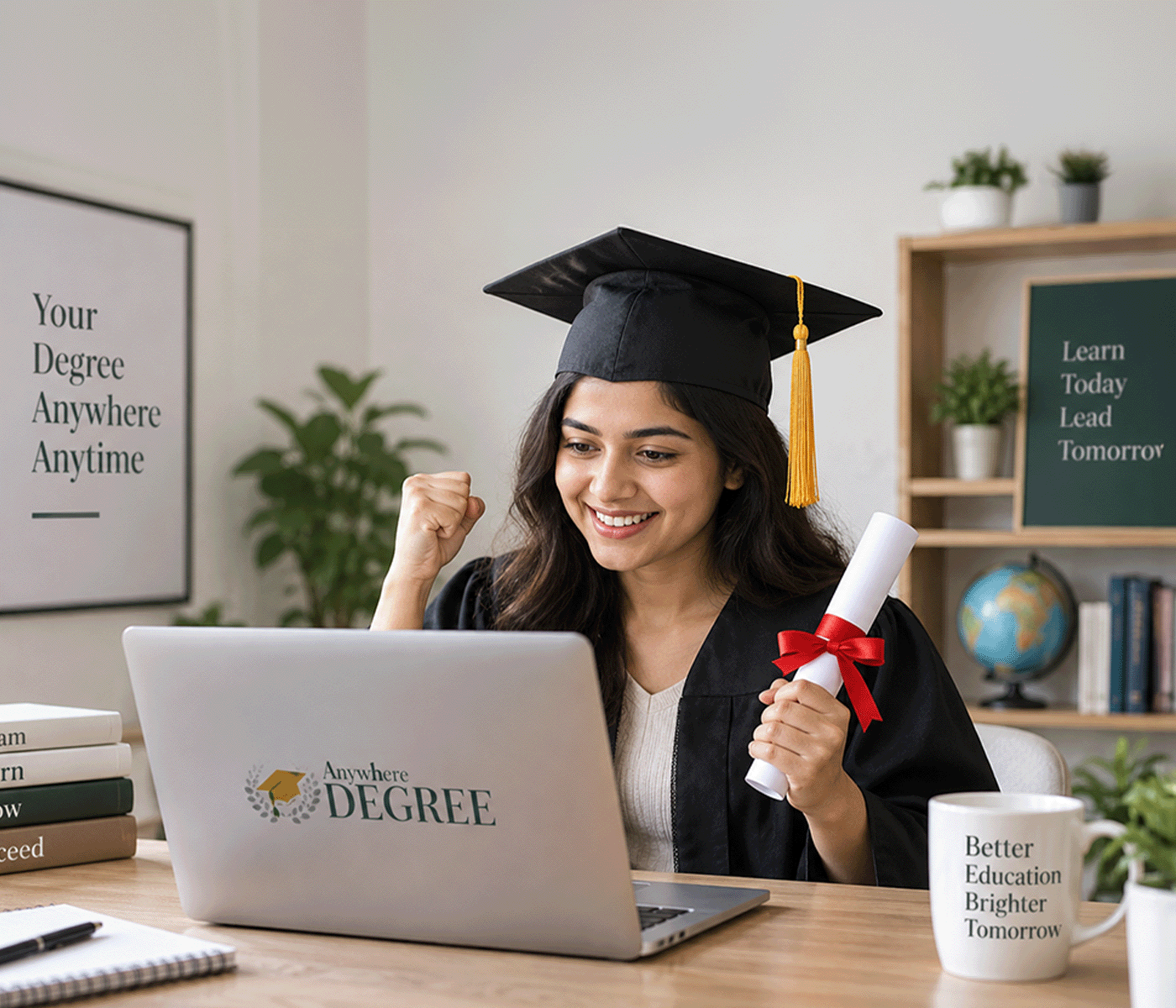 Student wearing graduation cap while studying an online degree course on a laptop